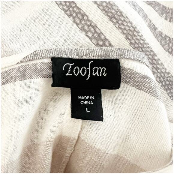 Toofan Linen Tunic Size Large Front Pockets Striped Crew Neck Neutral Colors - Picture 9 of 10